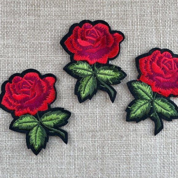 Flower Patches Iron On Red Roses Floral Embroidery Patches for Clothes lot of 3 - Picture 2 of 11
